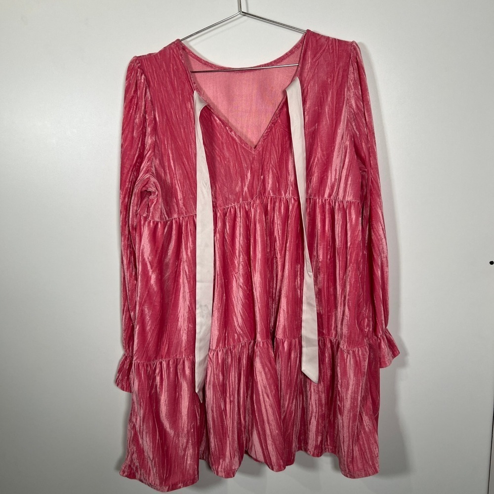 Coquette Pink Crushed‎ Velvet Bow Sash Babydoll Mini Dress XL Long Sleeve - Picture 2 of 6